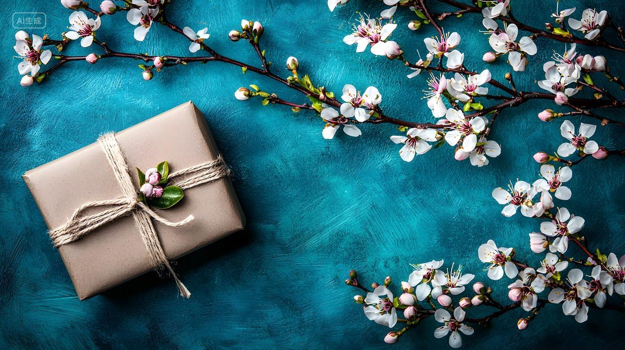 蓝绿色背景上美丽花卉礼物布置