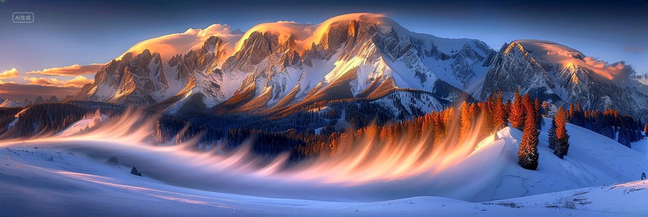 沐浴在金色的晨光中雪山森林宁静而庄严