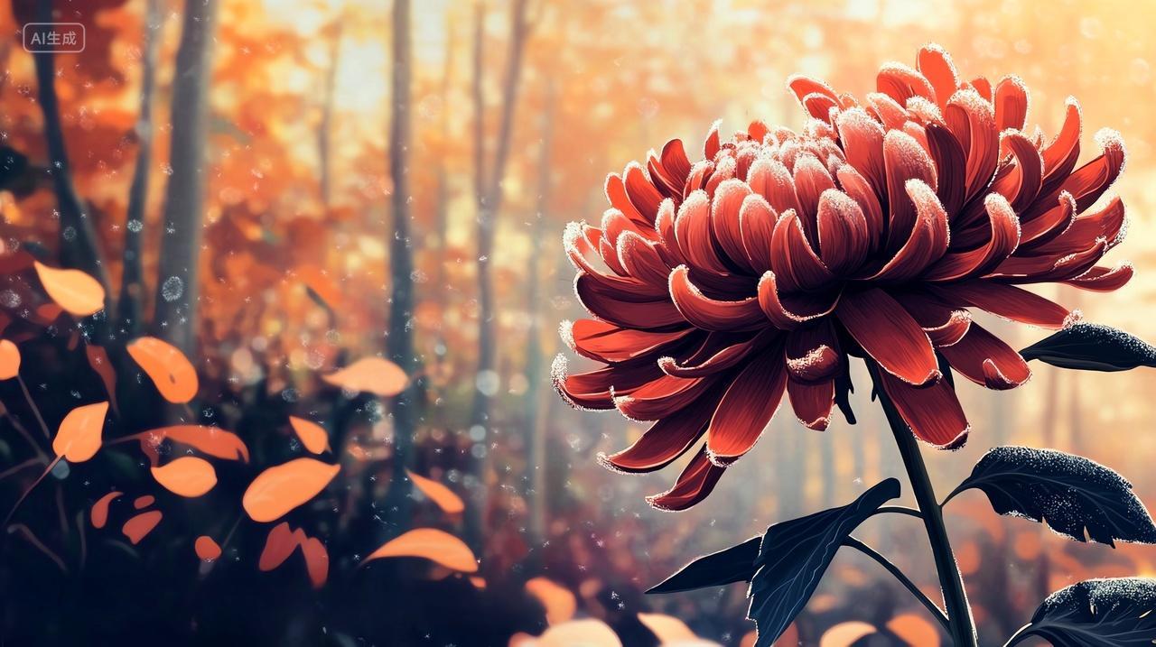 自然唯美插画霜降时分菊花上的霜白如雪