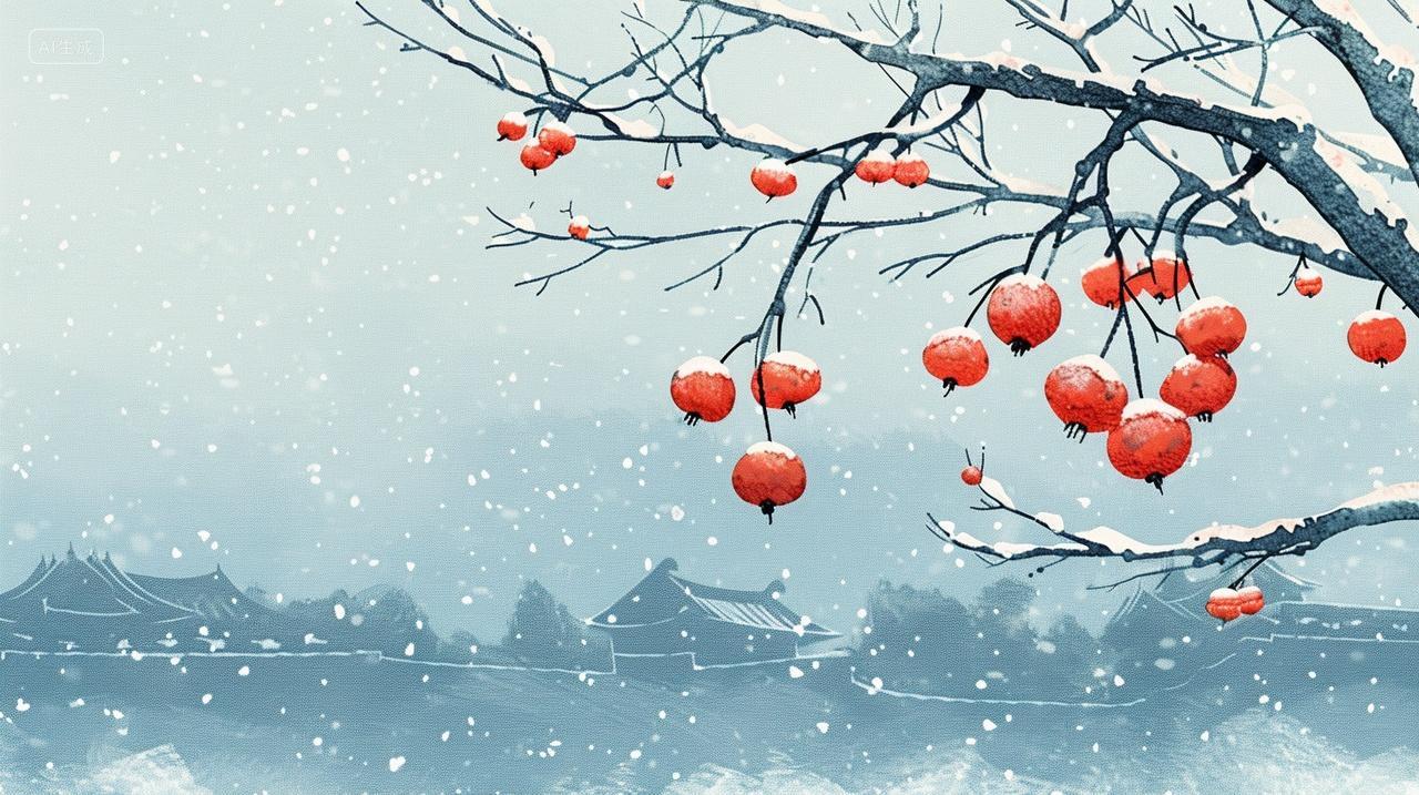 冬季雪景红柿子挂枝大雪纷飞乡村背景立冬冬至小雪大雪冬天插画