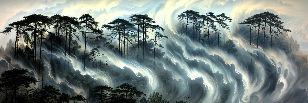 雾气被风吹成了孔雀羽毛般的形状轻盈而神秘