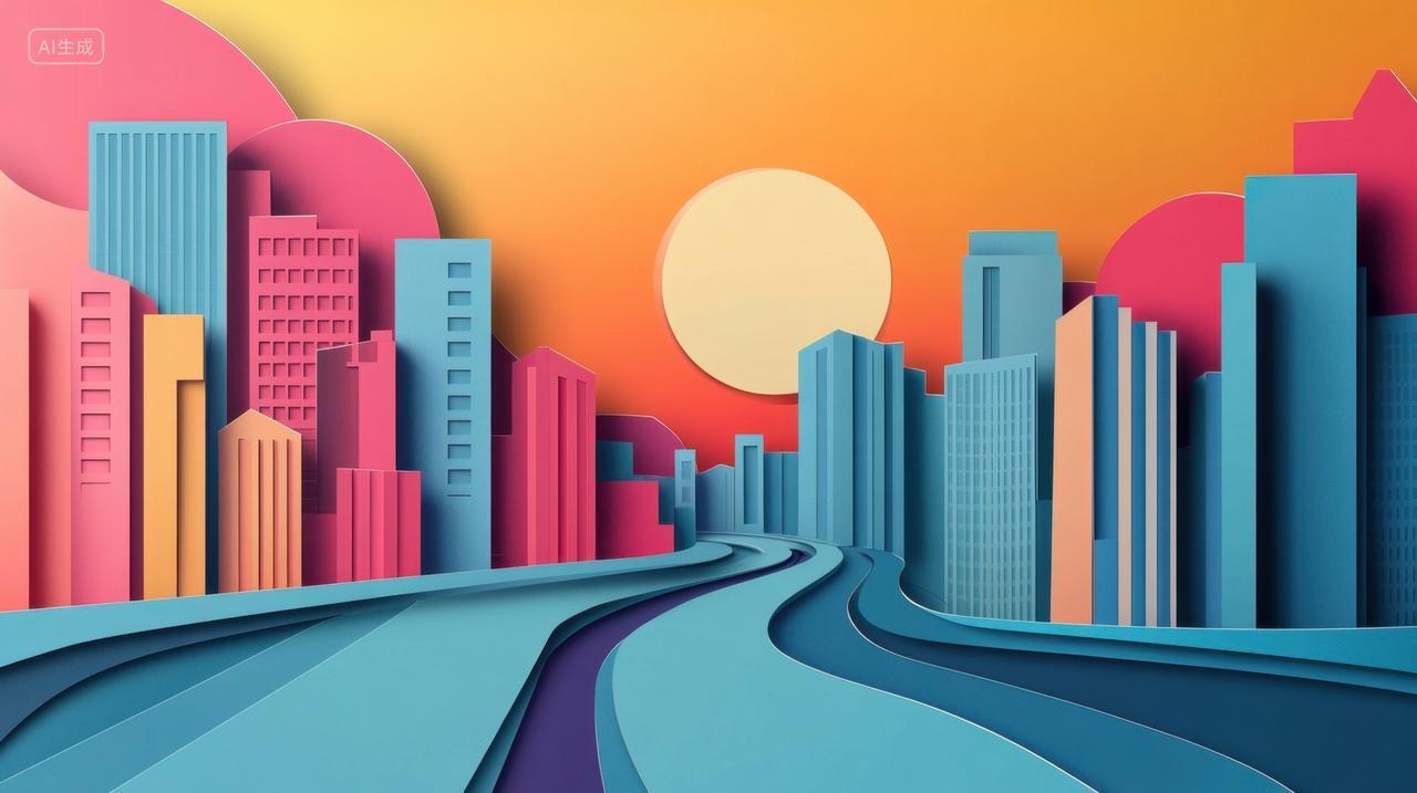 剪纸插图城市街道与落日