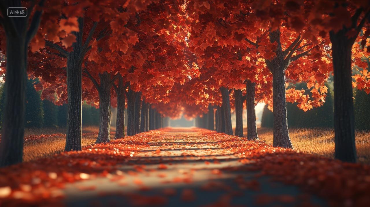 秋天唯美的红色枫树与道路