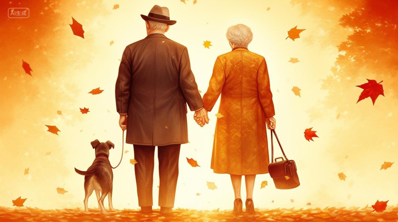 秋日夕阳下夫妇手牵手枫树红黄叶风起叶飘立秋分重阳节插画