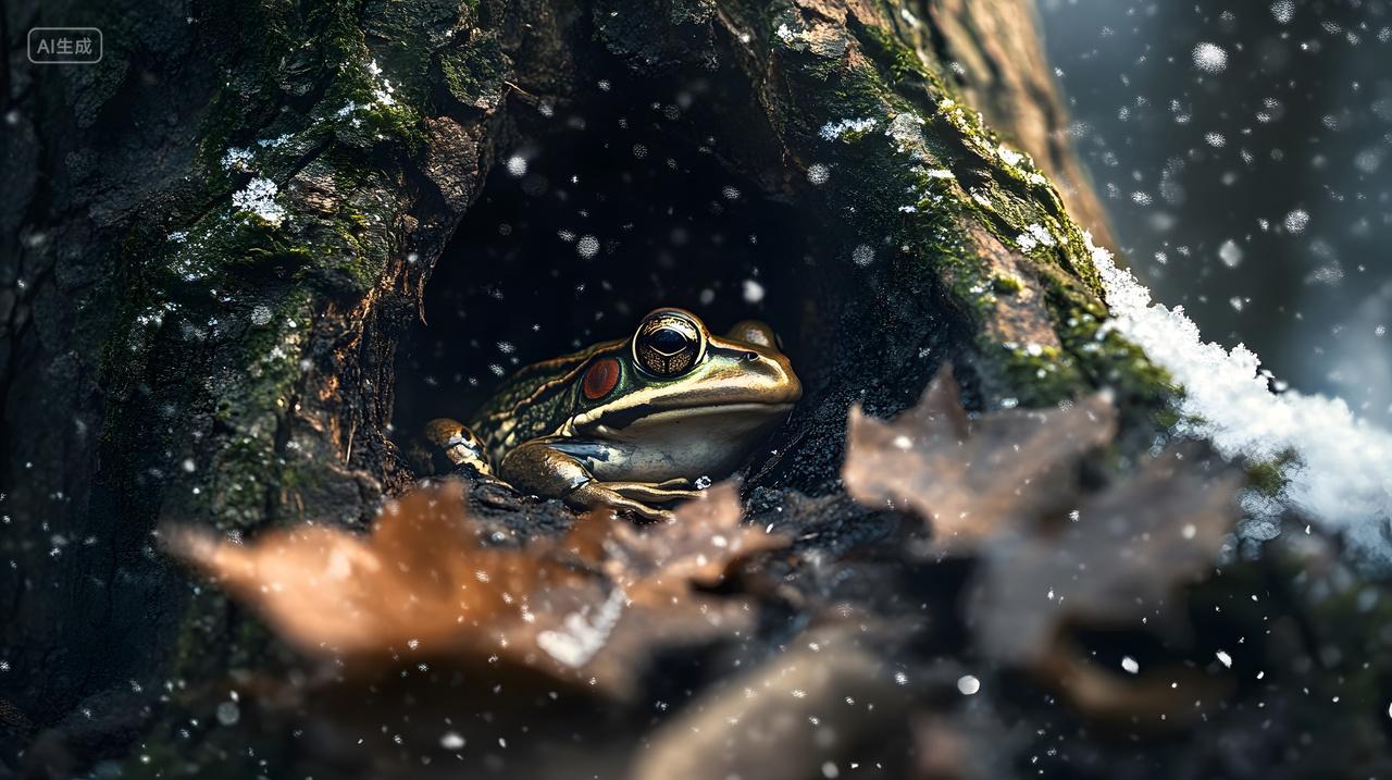 树洞中青蛙与飘落雪花冬季自然生态