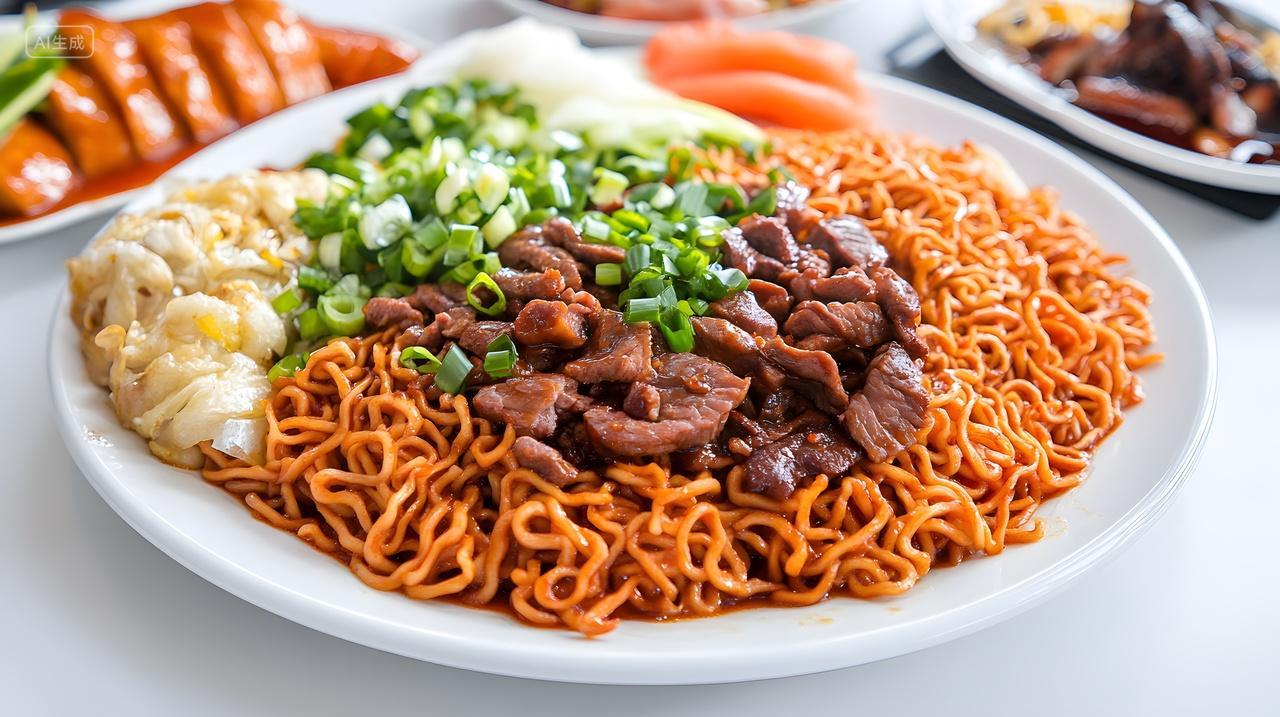 辣味牛肉炒面盘装美食特写