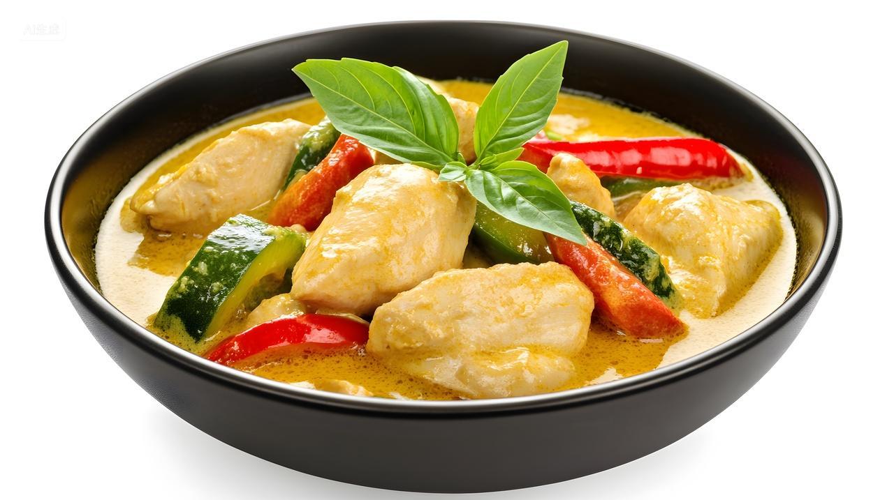 黑色碗中的泰式黄咖喱鸡肉美食摄影图