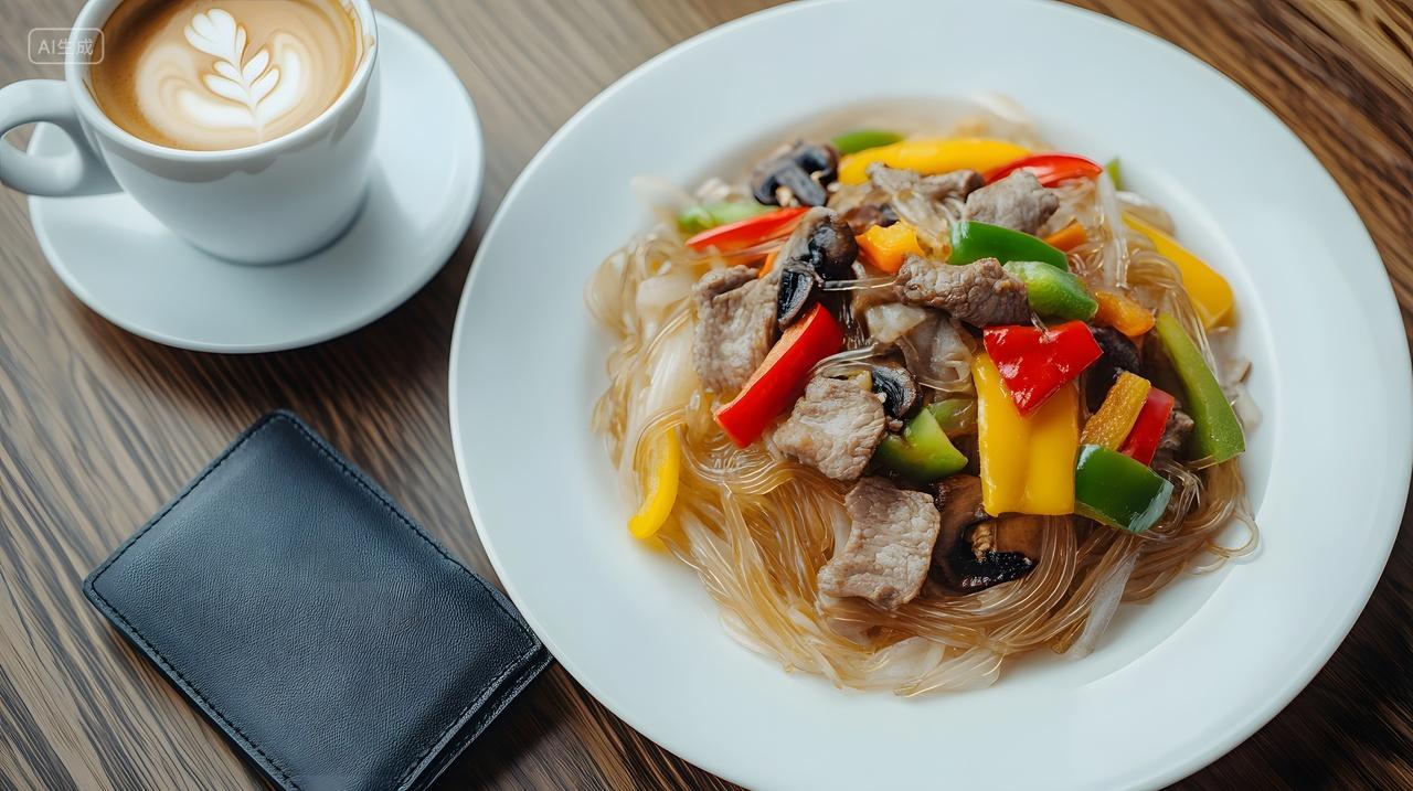 彩椒炒粉丝配咖啡盘装美食生活场景