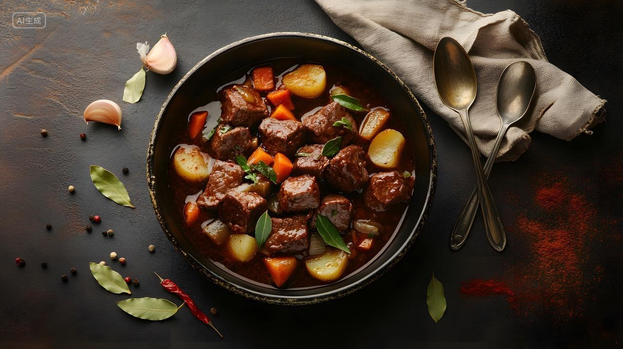 黑色碗中的炖牛肉土豆胡萝卜美食摄影图