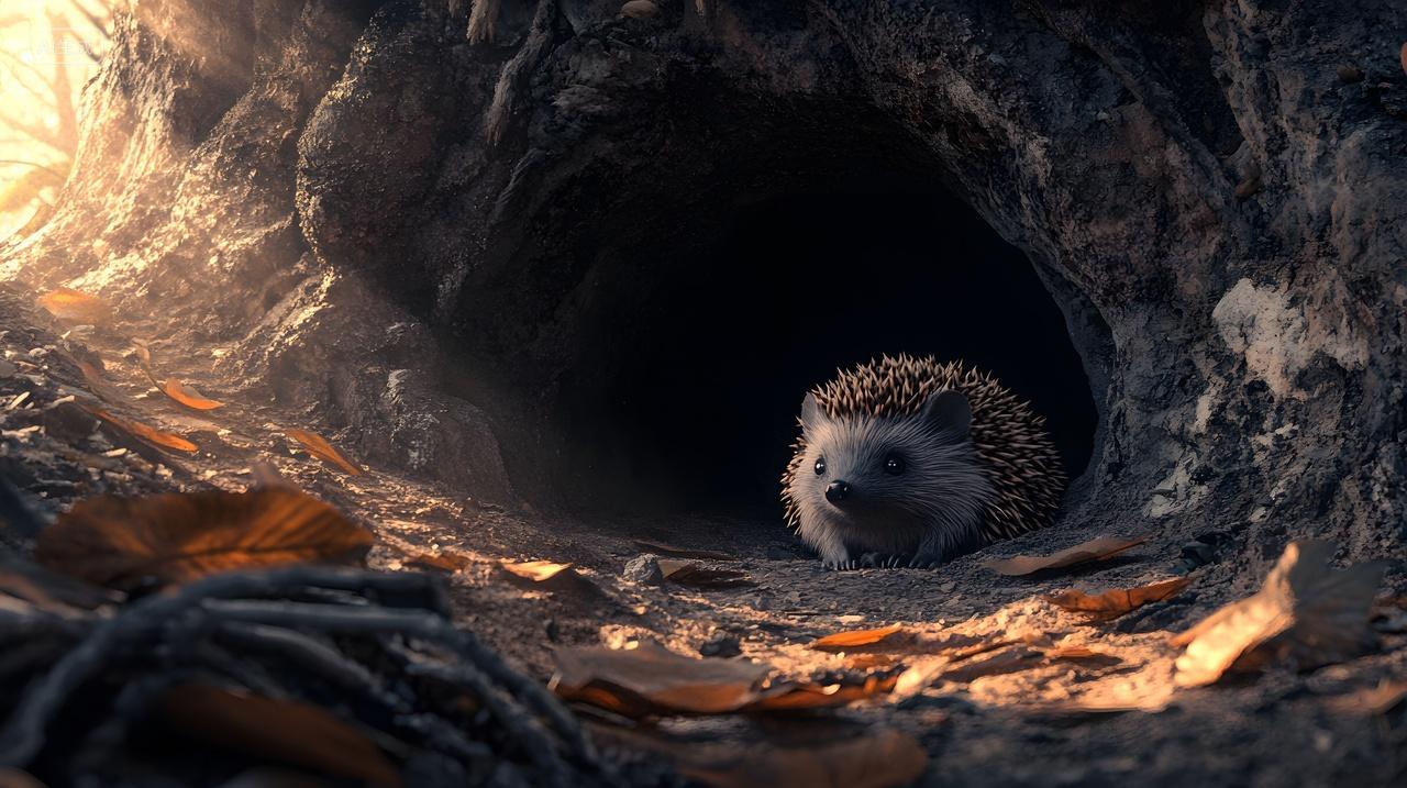 洞穴中刺猬与落叶温暖秋季自然生态