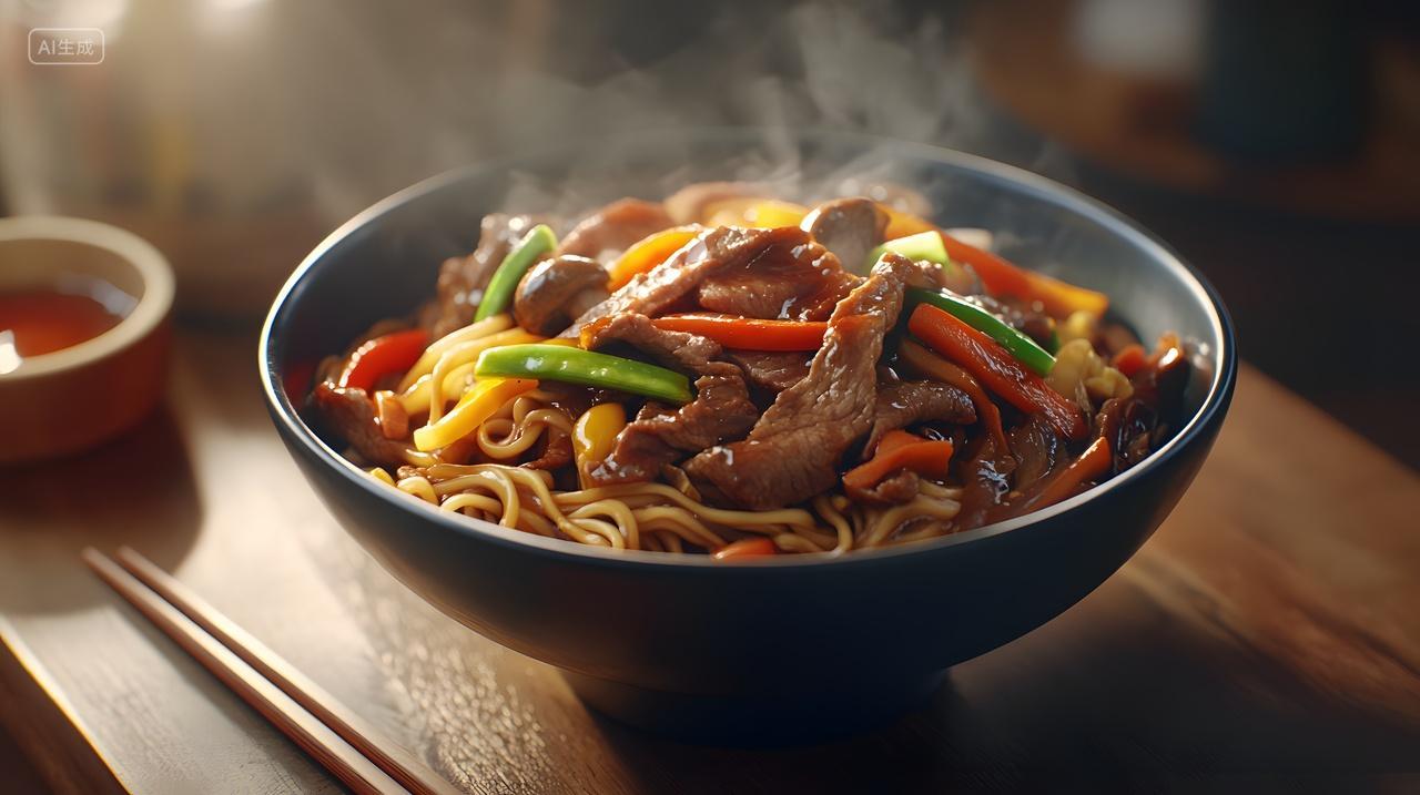 热气腾腾牛肉炒面碗装中式美食