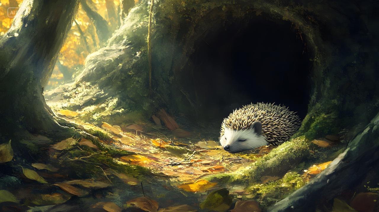 秋季森林中洞穴里的刺猬自然生态景观