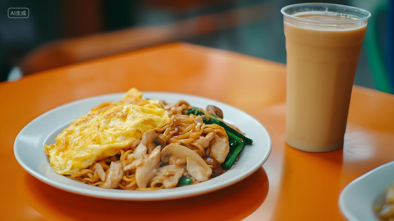 炒蛋蔬菜炒面配奶茶早餐组合
