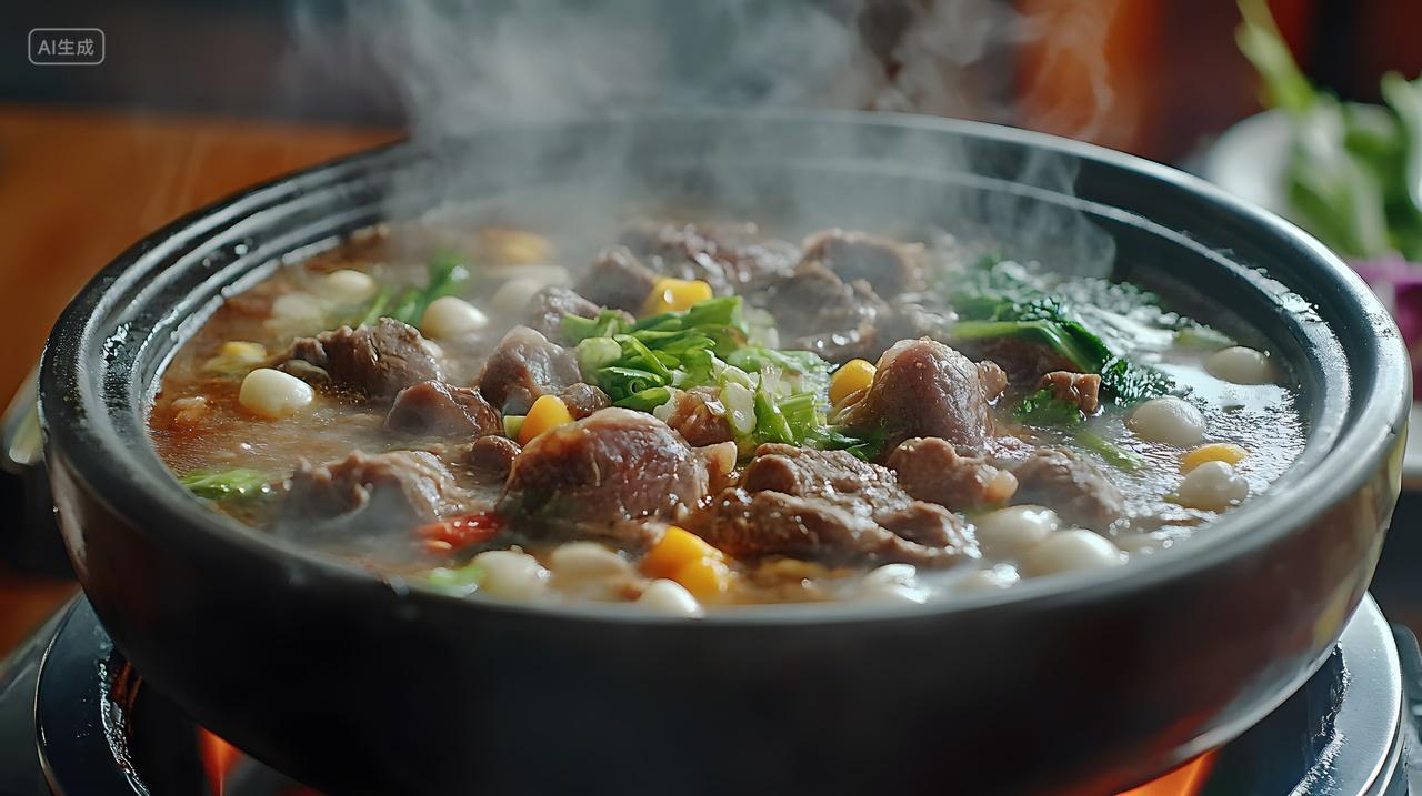 热气腾腾的砂锅炖牛肉美食摄影图