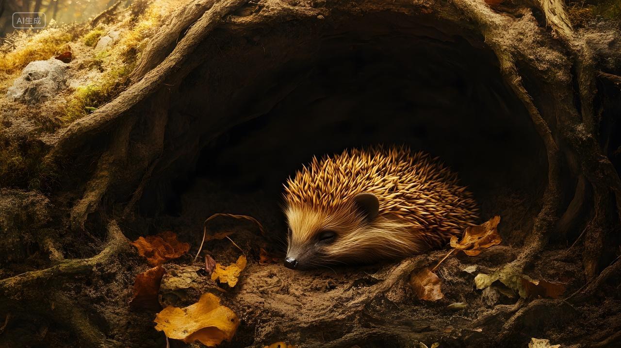 洞穴中休息的刺猬与秋季落叶自然生态