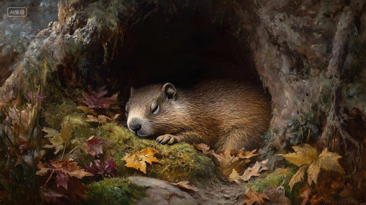 洞穴中休息的小动物与秋季落叶自然生态