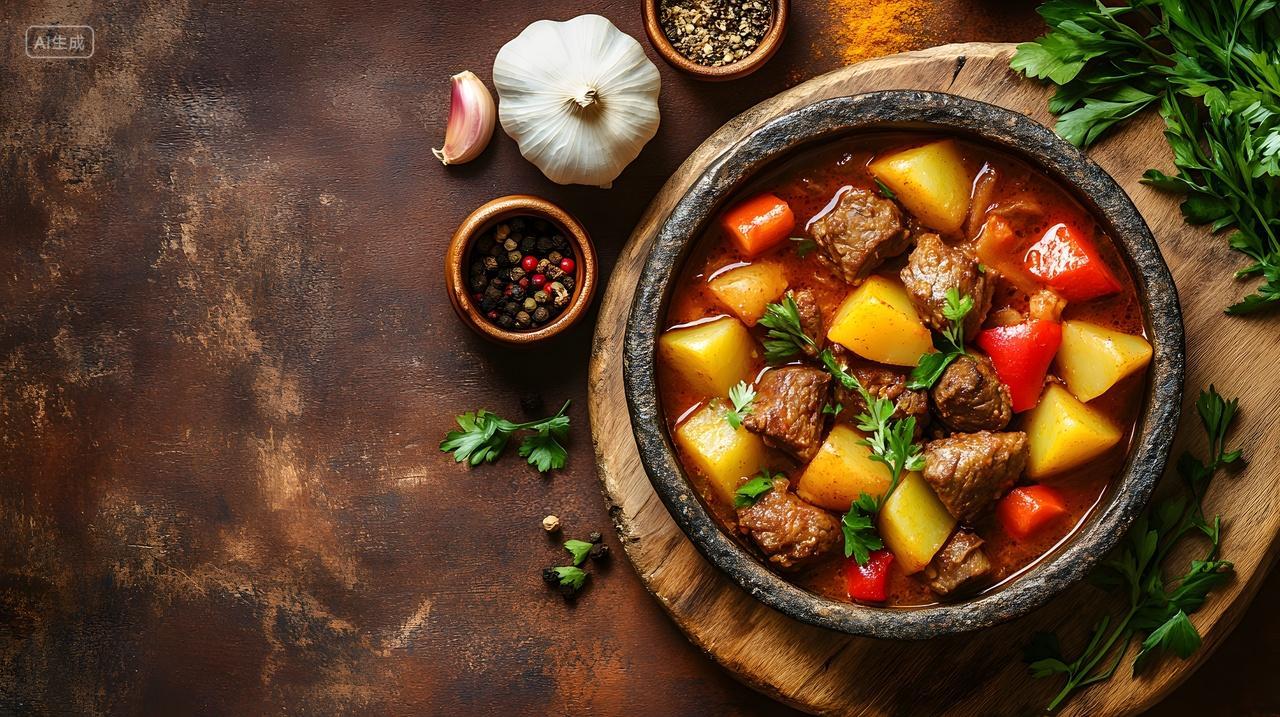 石锅中的炖牛肉土豆胡萝卜美食摄影图