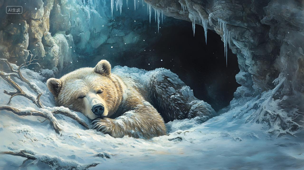 北极熊冬季冰雪洞穴前休息自然风景