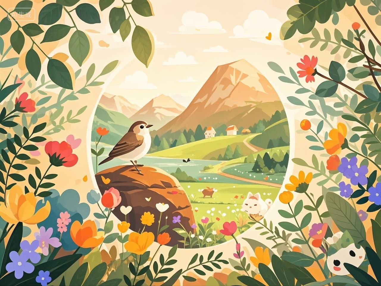 油画插画彩绘鲜花小鸟缤纷多彩节气动物