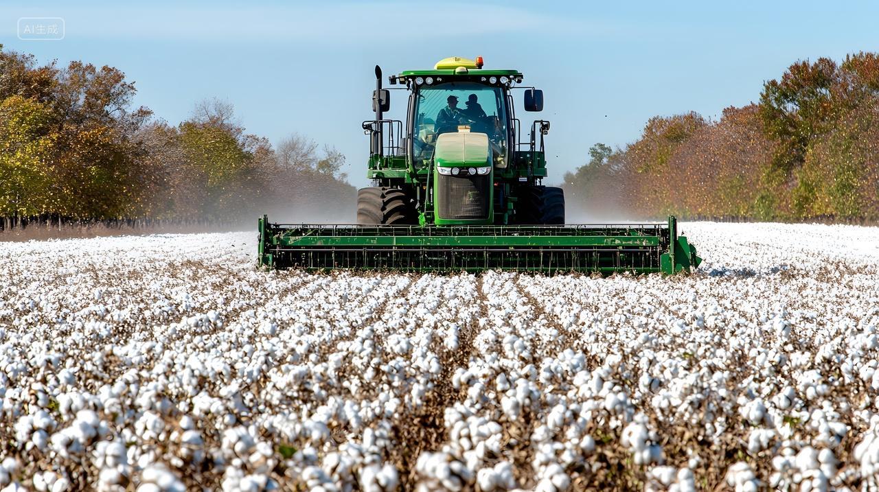 农业机械收割棉花田现代化生产场景