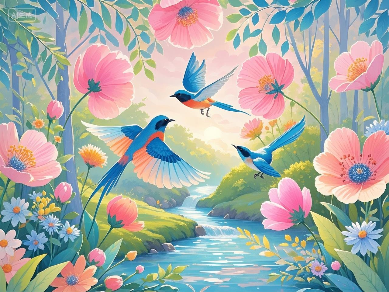 美丽蓝色小鸟在小溪上飞鲜花油画插画动物春天春分温馨