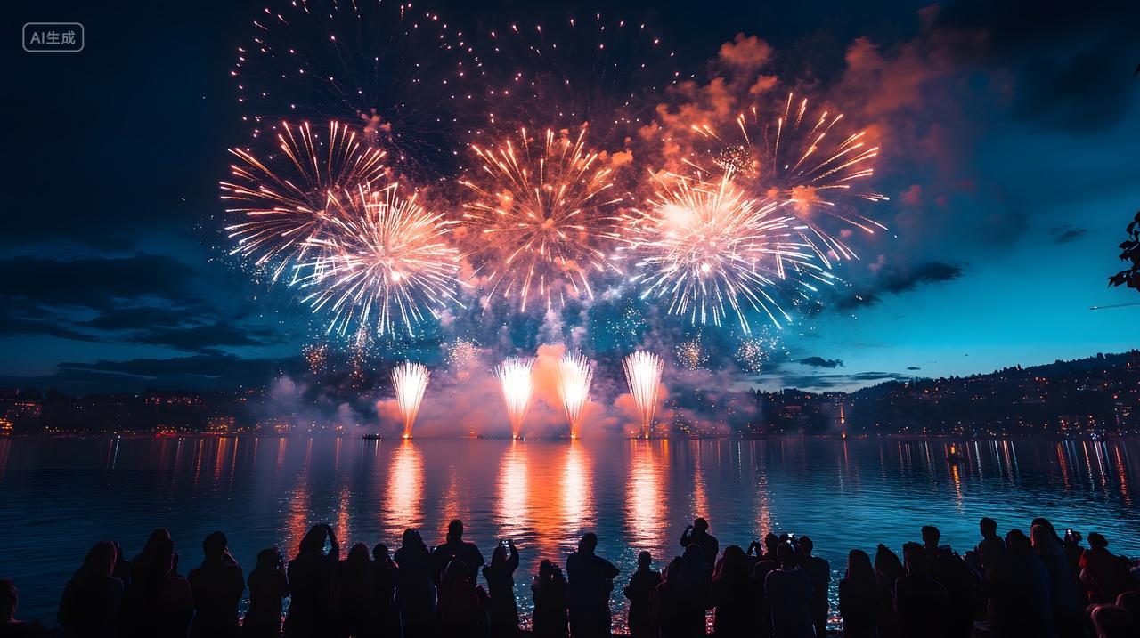 元旦节湖边观赏夜空烟花绽放节日庆典