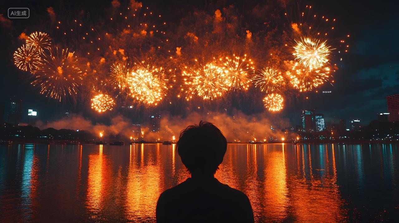 夜晚观赏烟花国庆庆典城市湖面倒影人影剪影