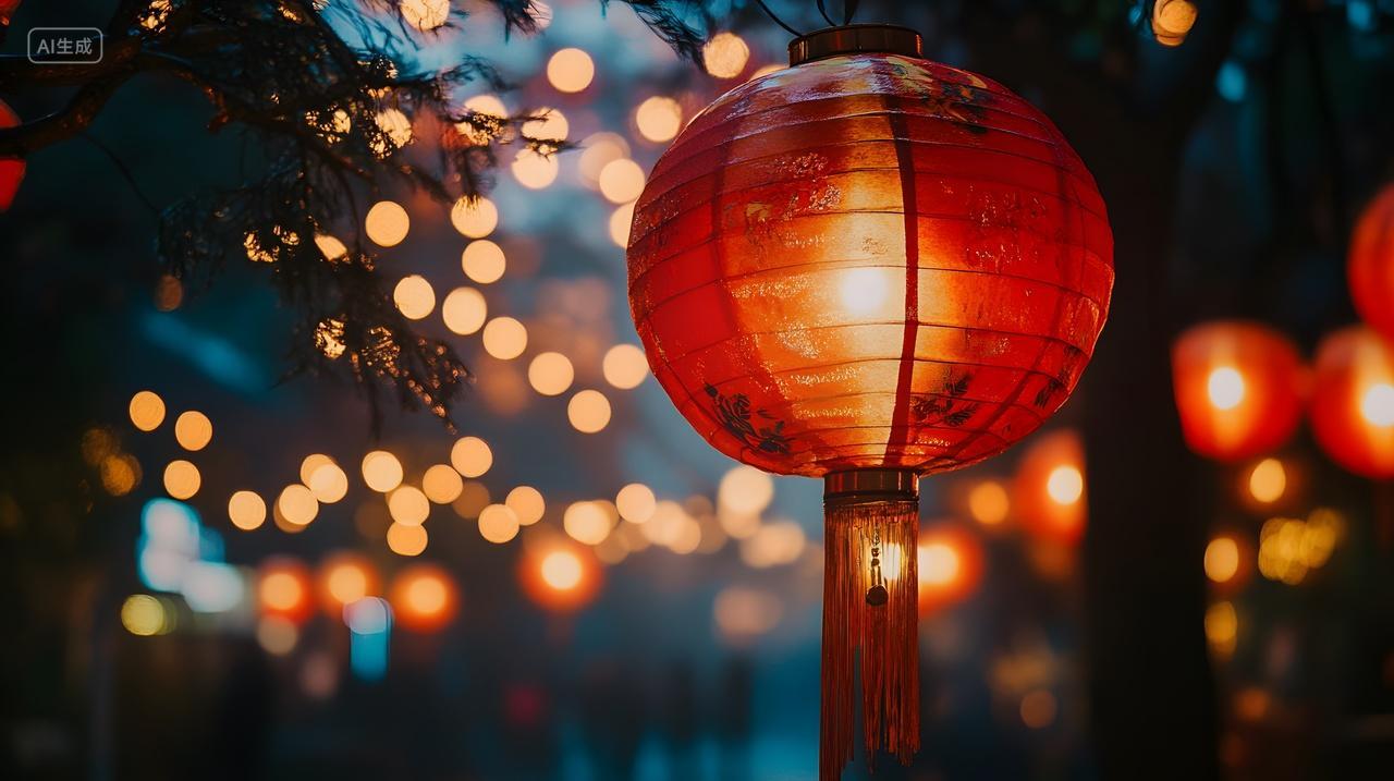 夜晚红灯笼节日灯光氛围静物图