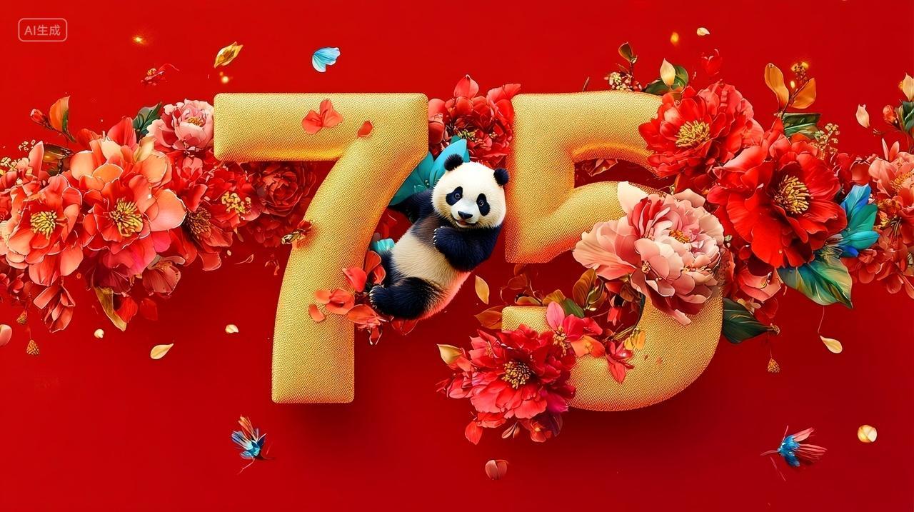 国庆75华诞熊猫牡丹共庆红色盛典