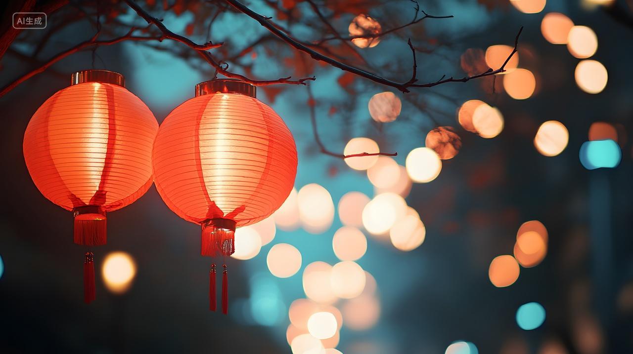 夜晚红灯笼与节日灯光氛围风景图