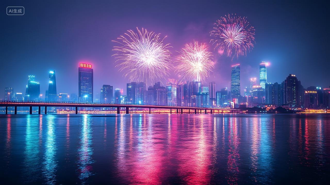 城市天际线烟花绽放湖面倒影国庆节庆典