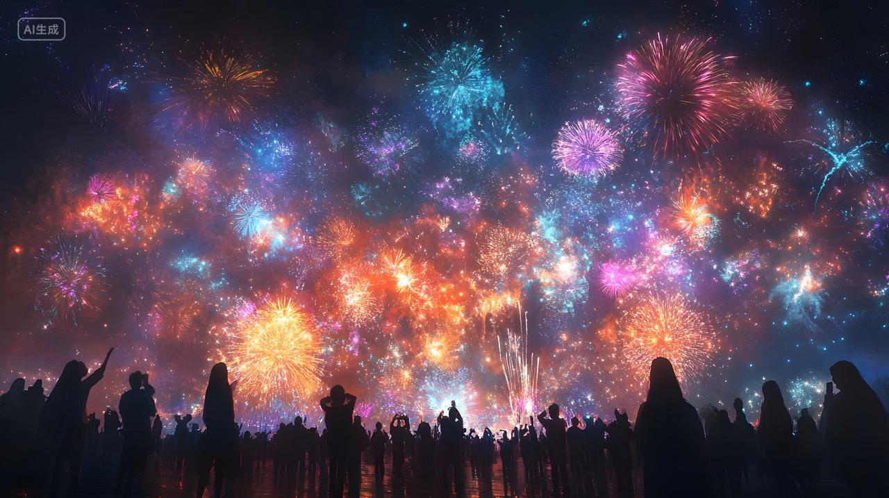 森林上空烟花绽放节日庆典璀璨夜空