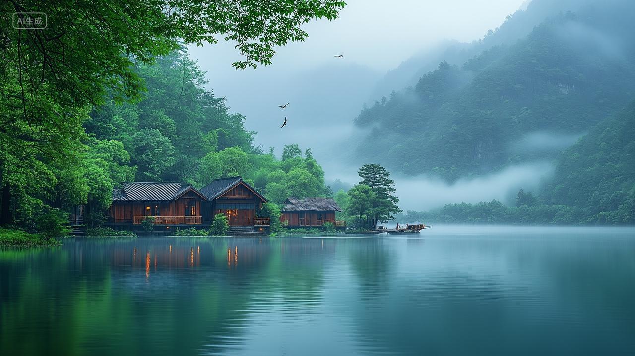 山里的湖边有几座古建筑民宿仙雾缭绕大别山风景商用旅游