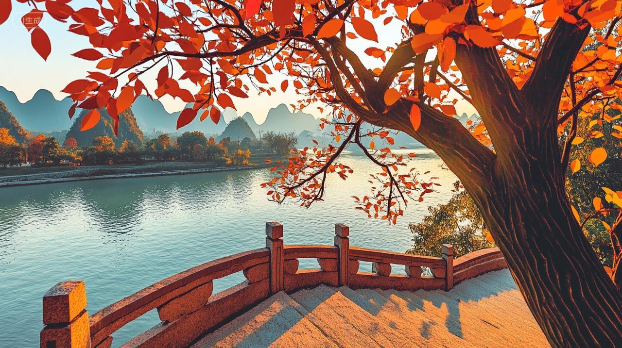 秋天秋景金秋河岸国潮山水