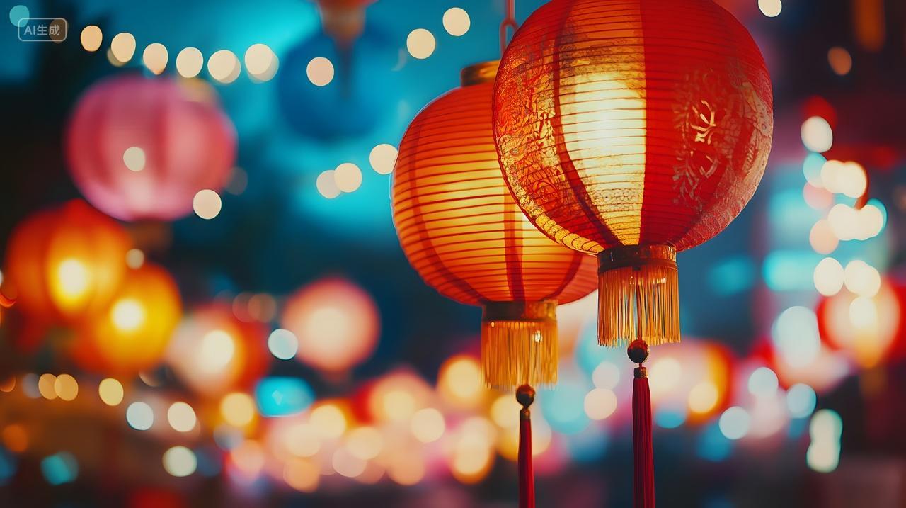 夜晚红灯笼与灯光节日氛围风景图