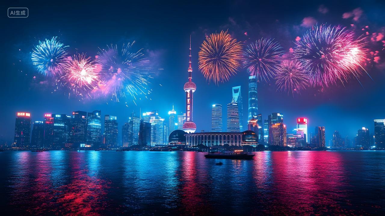 城市天际线烟花绽放夜景国庆庆典湖面倒影