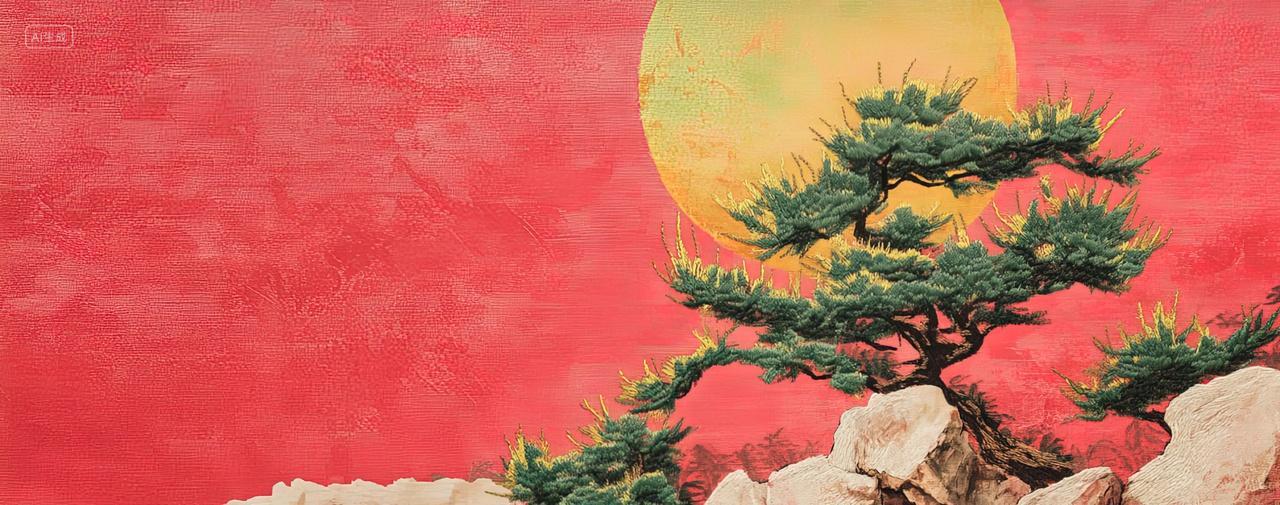 青松夕阳刺绣肌理背景