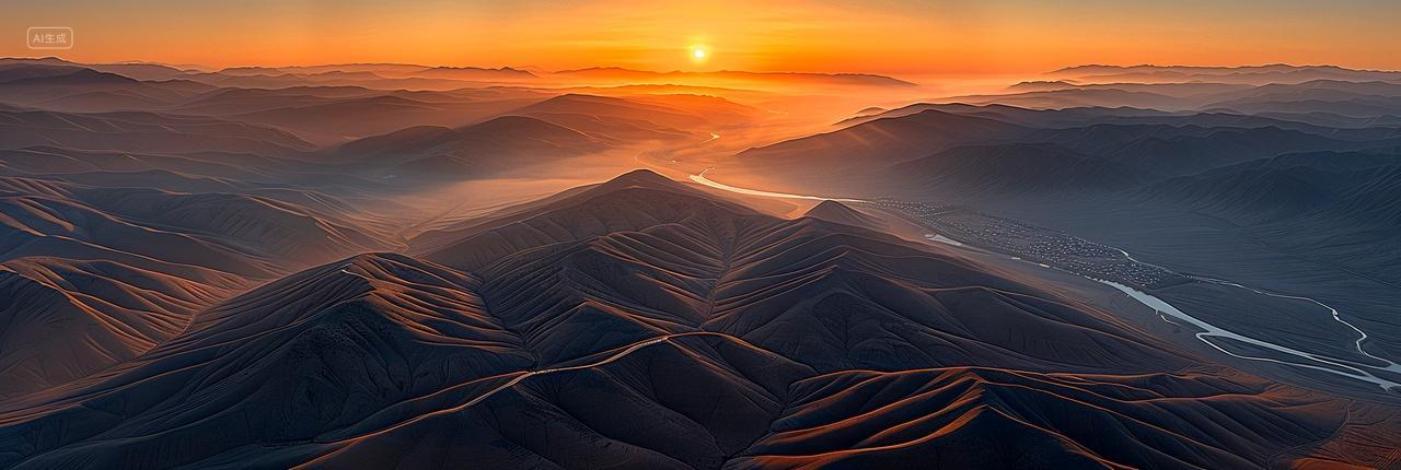 夕阳下的城镇河流戈壁中的温柔乡