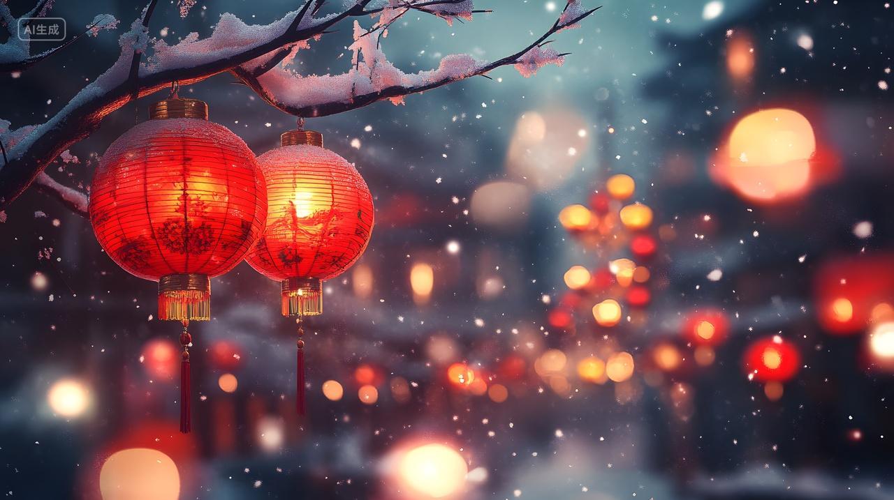 雪中红灯笼与节日灯光冬季风景图