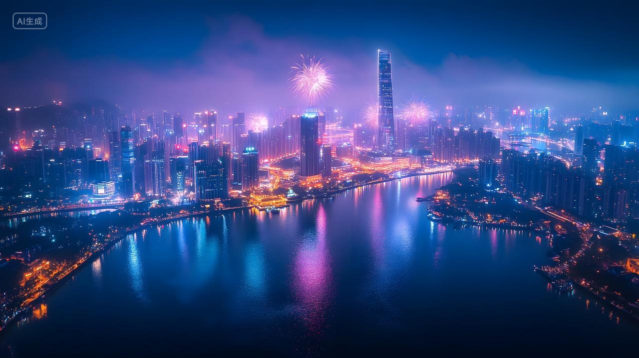 城市夜景烟花盛典湖面倒影节日庆典