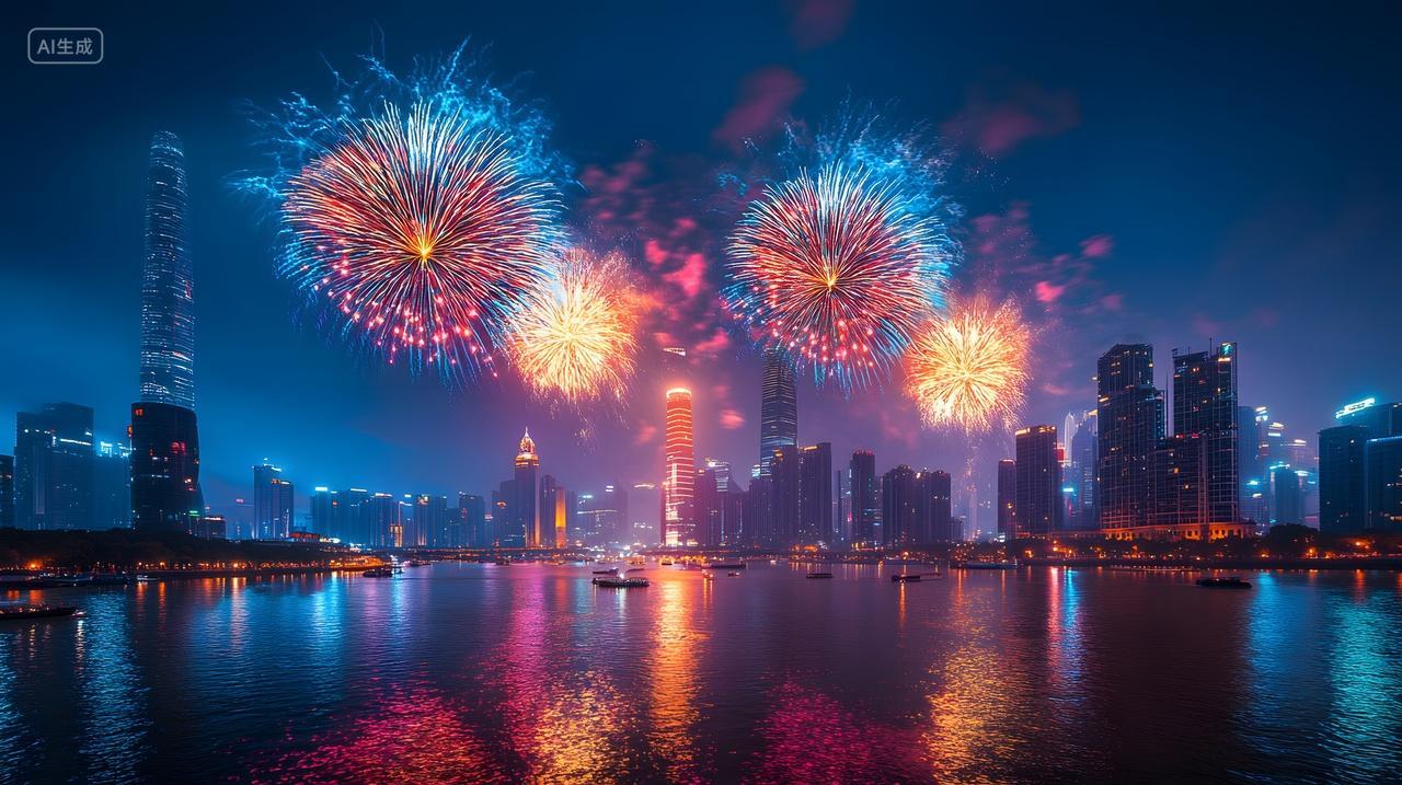 城市夜空烟花绽放湖面倒影节日庆典