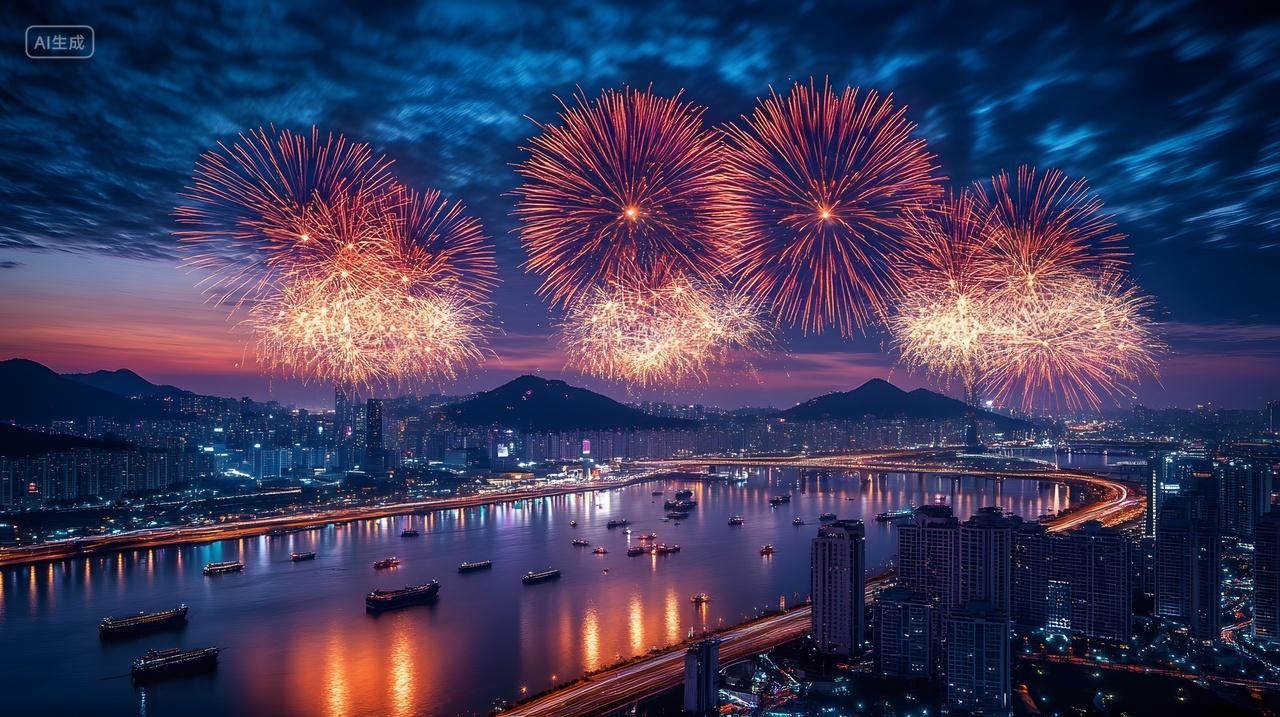 夜晚城市烟花盛典山水倒影国庆庆典