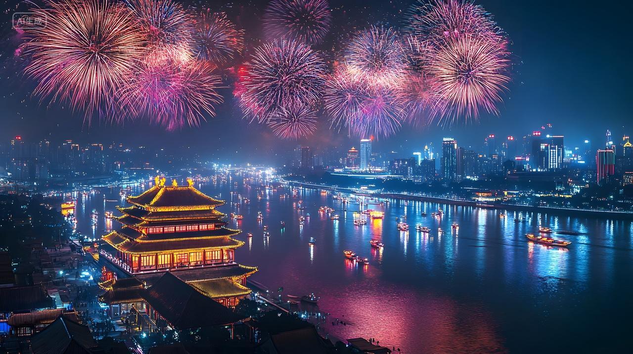 元旦节传统建筑夜空烟花绽放湖面倒影国庆节庆典