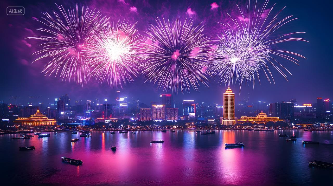 元旦节夜空紫色烟花绽放湖面倒影城市节日庆典