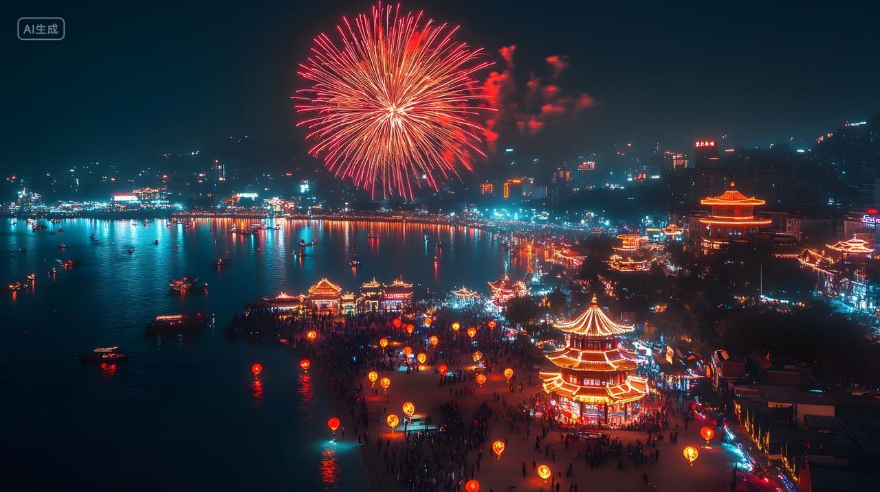 元旦节夜空红色烟花绽放湖面倒影城市节日庆典