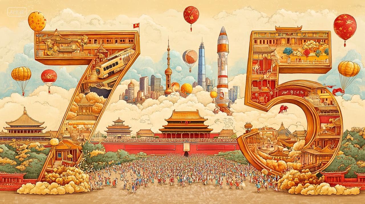 庆祝祖国母亲生日快乐75诞辰巧妙融入传统与现代的创意插画