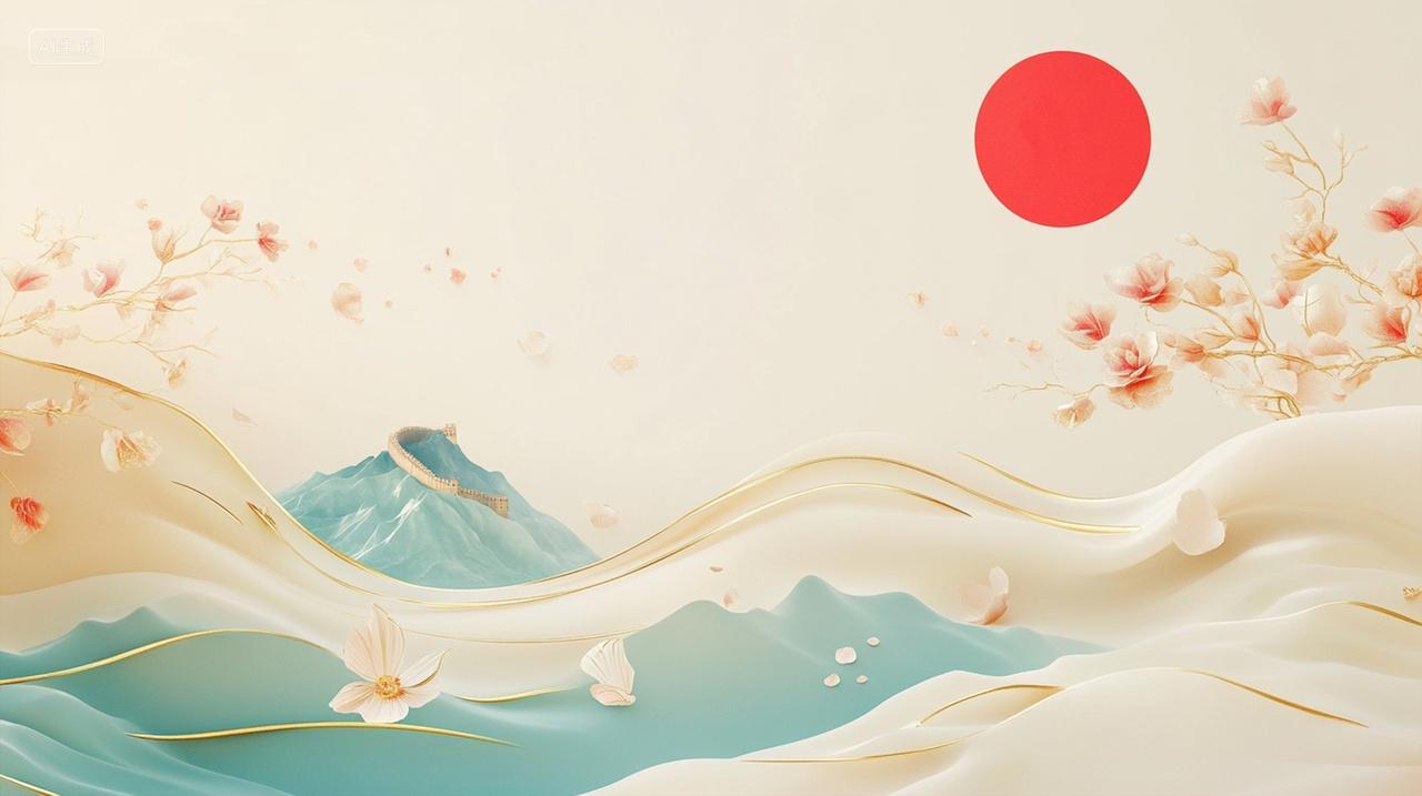 国庆金玉雕刻太阳波纹金线长城花朵山脉国风元旦除夕背景插画
