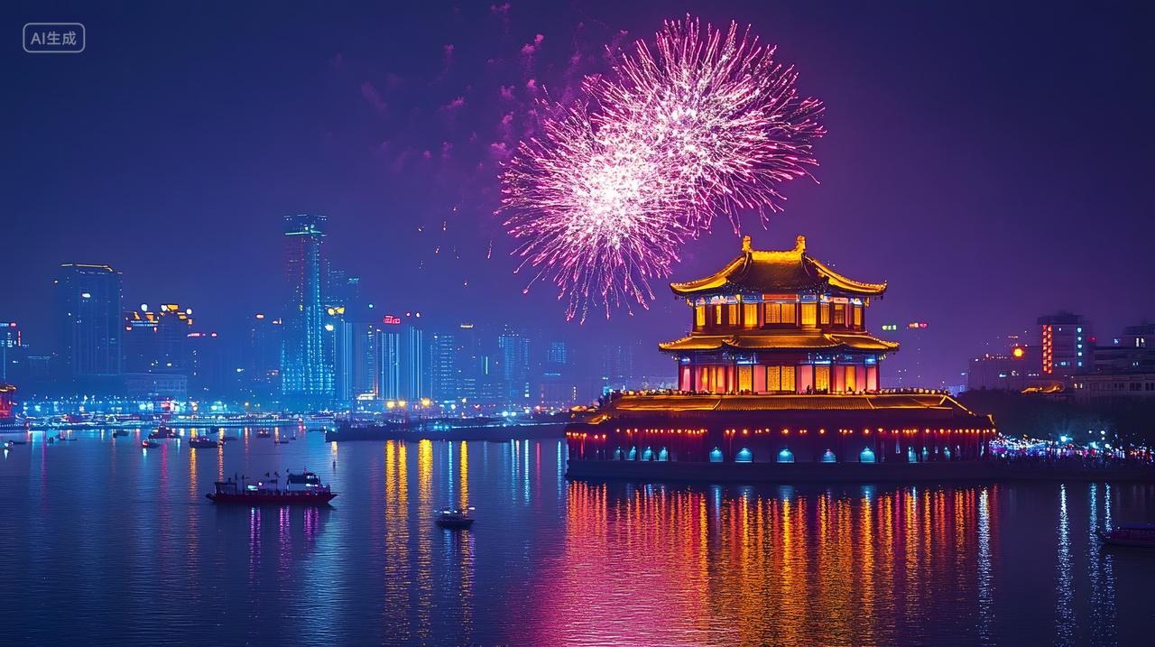 元旦节传统建筑与湖面倒影烟花绽放节日庆典