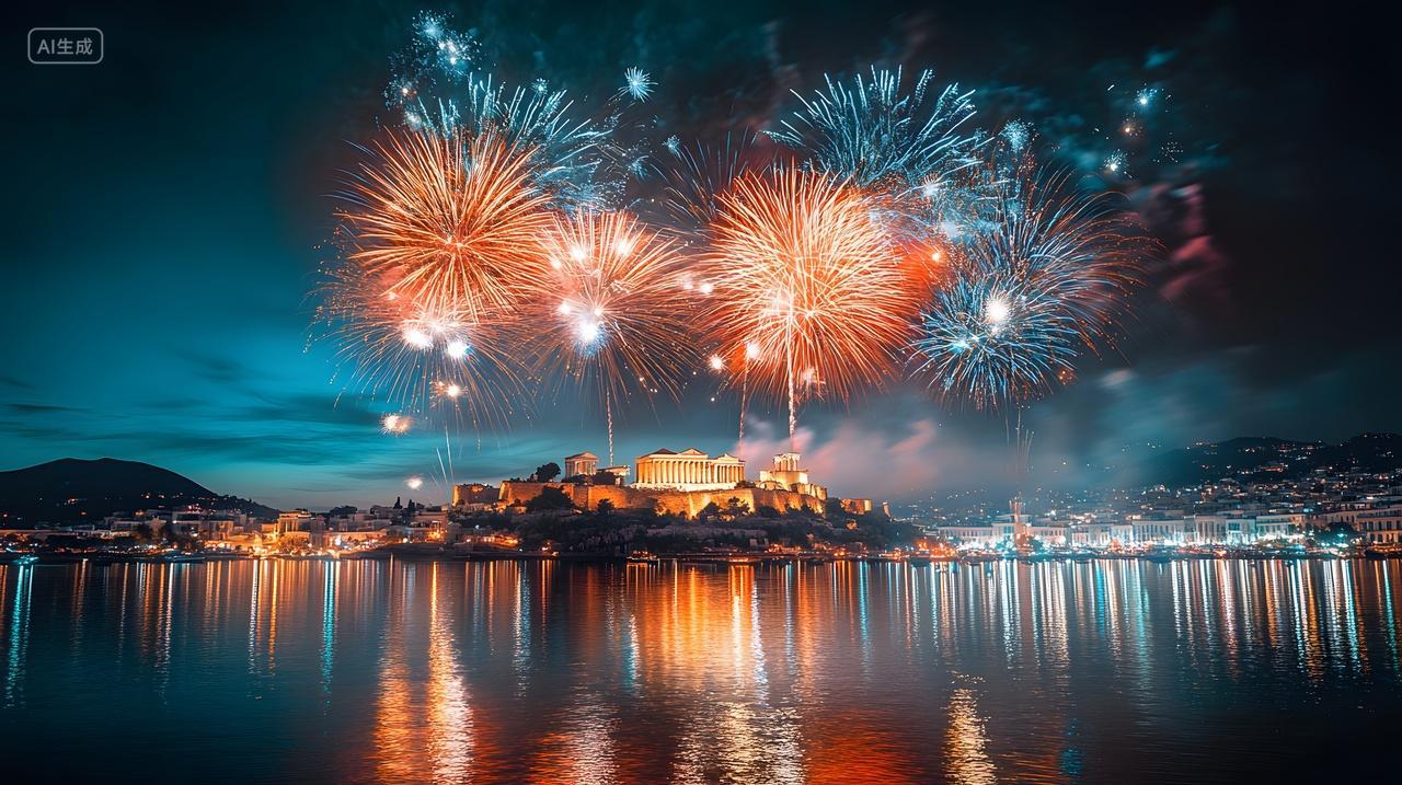 元旦节湖面倒影中的传统建筑与夜空烟花盛典