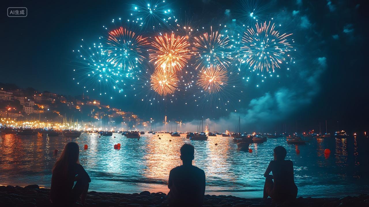 湖边观赏烟花夜景庆祝活动三人剪影